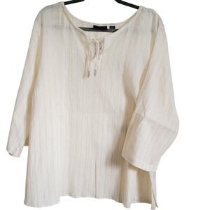Avenue 22/24 Cream W/Silver‎ Thread Blouse Tassel Tie Side Slits 2X 3/4 Slv NWT